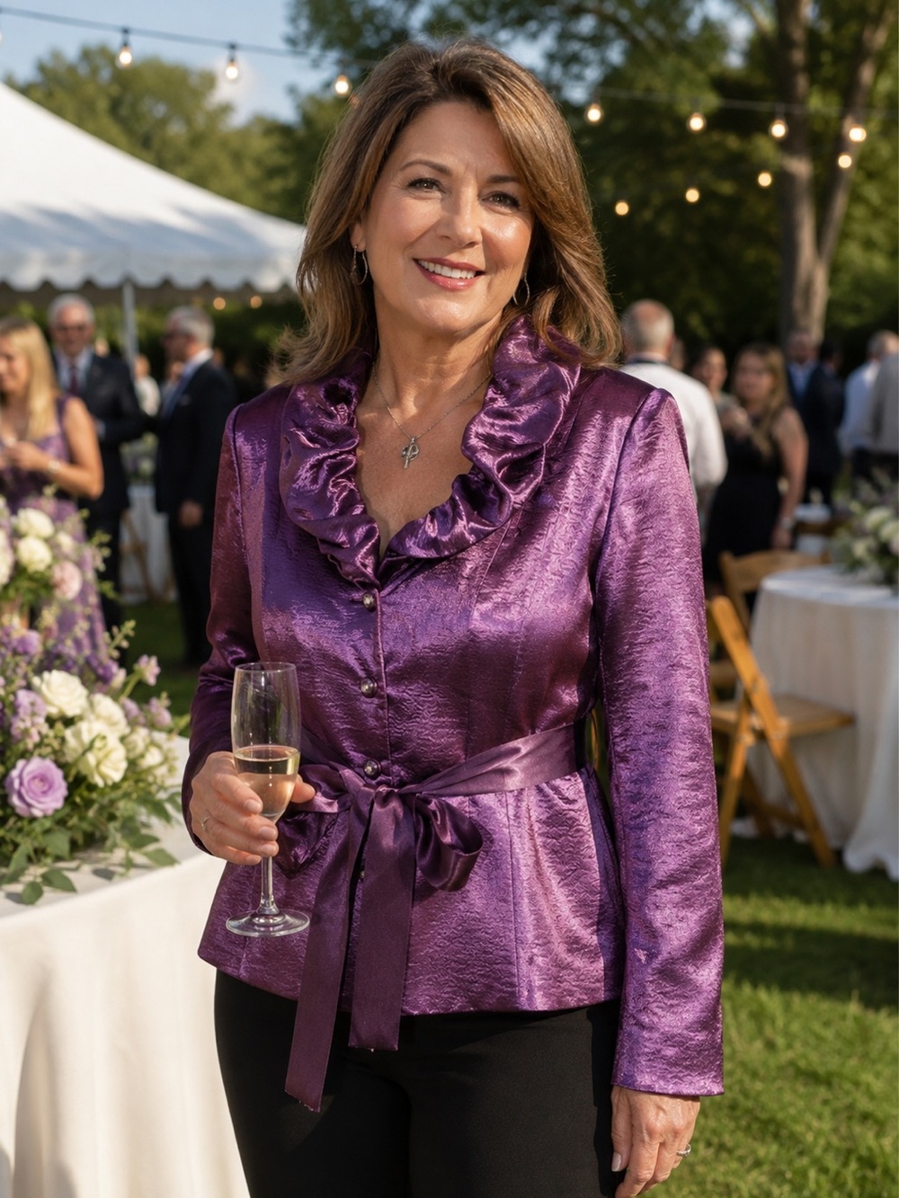 Nicolette Purple Satin Blouse with Ruffle Collar